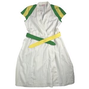 Vintage 60’s White Wrap Dress Green Yellow Striped Sleeves Belted Tag Sz 18